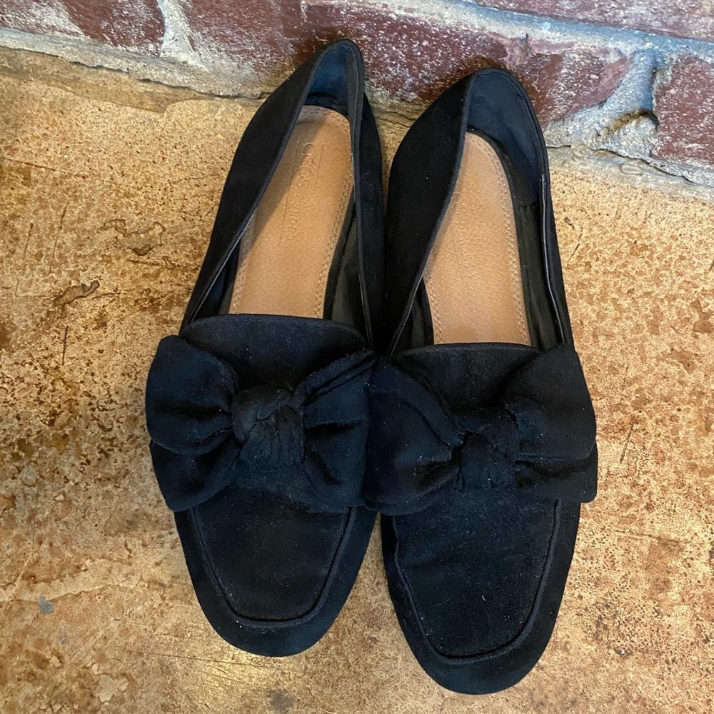 Asos‎ black suede leather bow top square toe slip on loafers